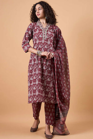 Women's Maroon Cotton Printed Kurti Pant Set