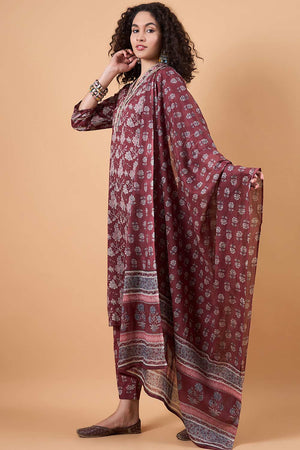 Women's Maroon Cotton Printed Kurti Pant Set