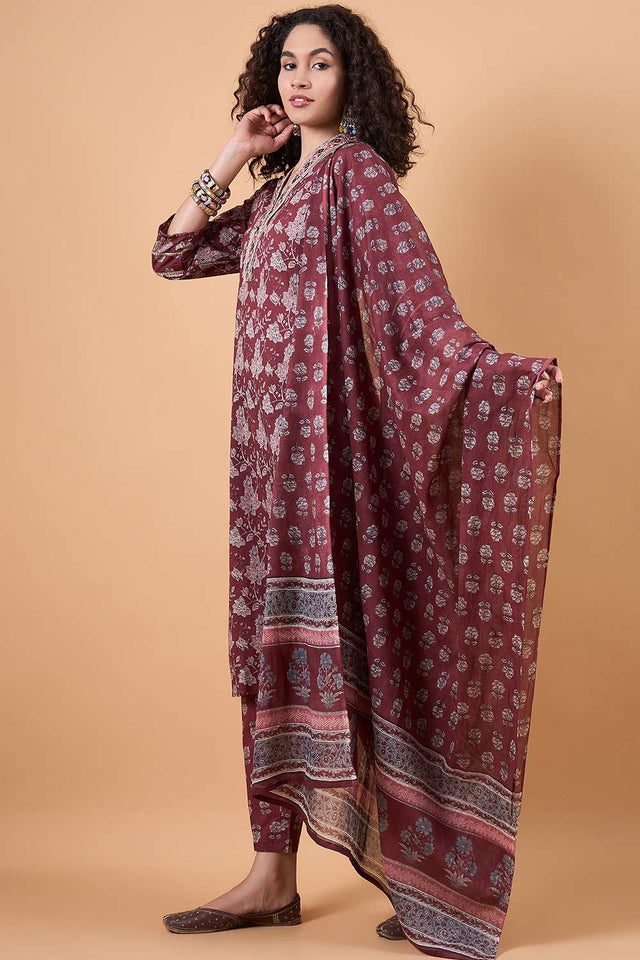 Women's Maroon Cotton Printed Kurti Pant Set