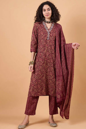 Women's Maroon Cotton Printed Kurti Pant Set