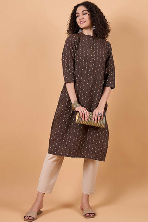 Women's Brown Cotton Printed Kurti Pant Set