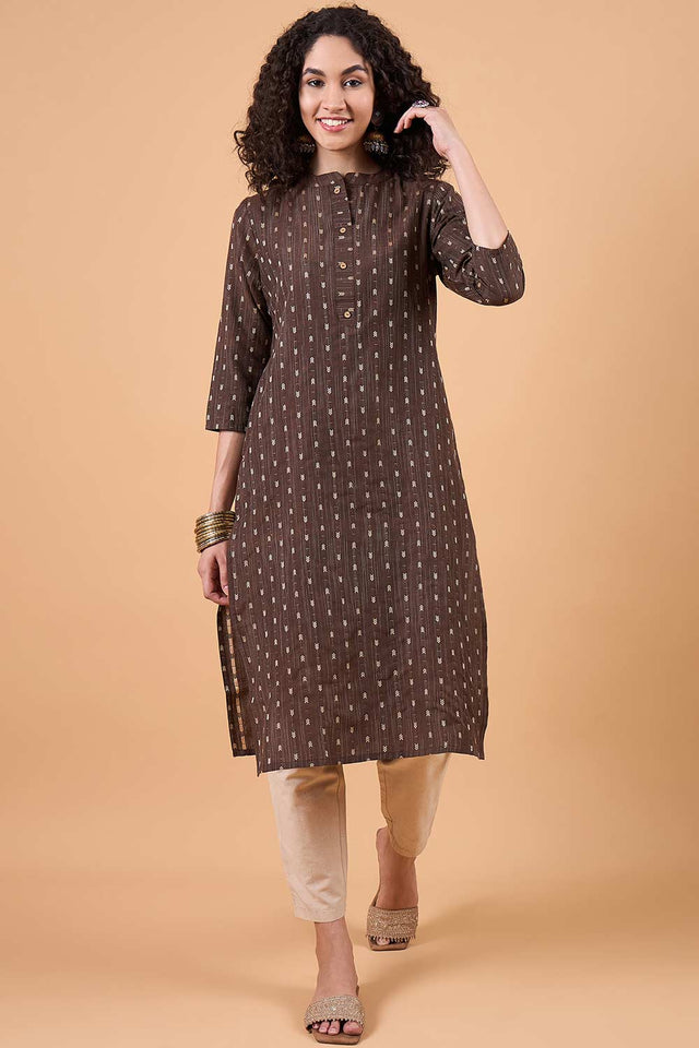 Women's Brown Cotton Printed Kurti Pant Set