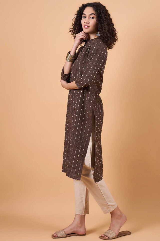 Women's Brown Cotton Printed Kurti Pant Set