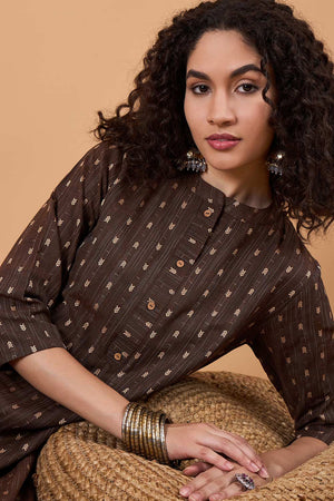 Women's Brown Cotton Printed Kurti Pant Set
