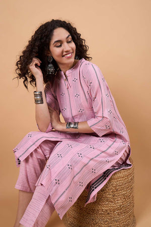 Women's Pink Cotton Printed Kurti Pant Set