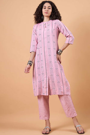 Women's Pink Cotton Printed Kurti Pant Set