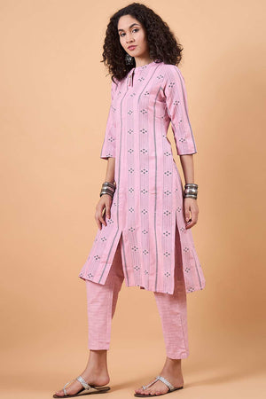 Women's Pink Cotton Printed Kurti Pant Set