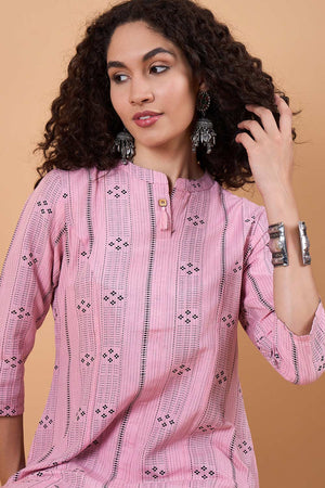 Women's Pink Cotton Printed Kurti Pant Set