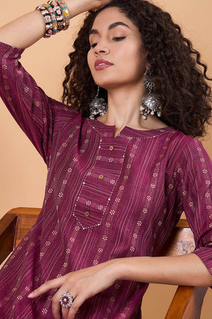 Women's Magenta Cotton Printed Kurti Pant Set