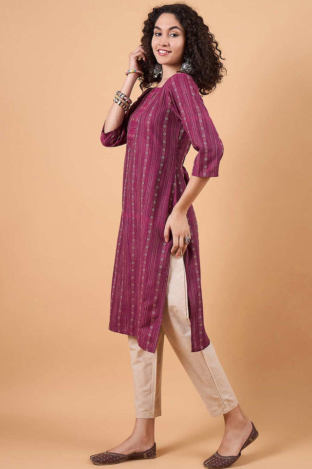 Women's Magenta Cotton Printed Kurti Pant Set