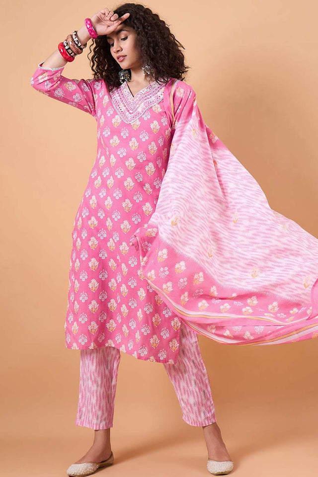 Women's Pink Cotton Printed Kurti Pant Set