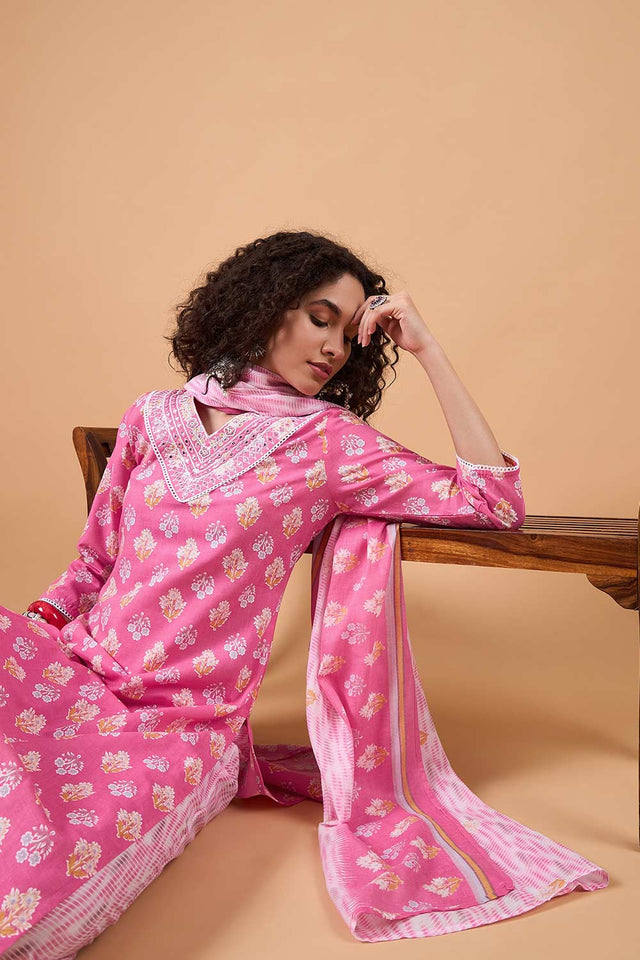 Women's Pink Cotton Printed Kurti Pant Set