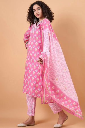 Women's Pink Cotton Printed Kurti Pant Set