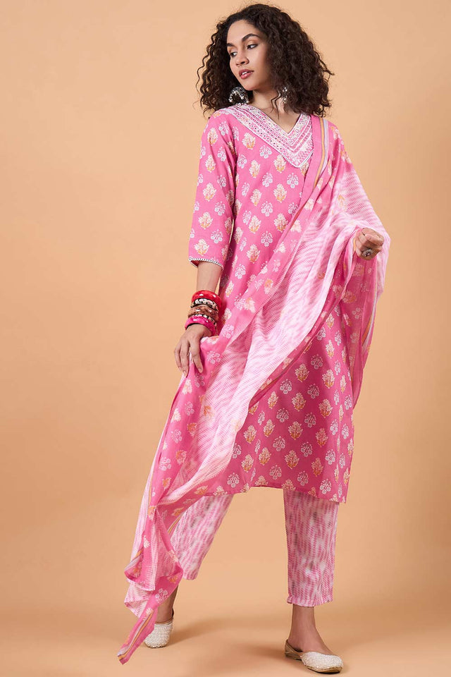 Women's Pink Cotton Printed Kurti Pant Set