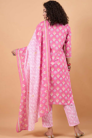 Women's Pink Cotton Printed Kurti Pant Set