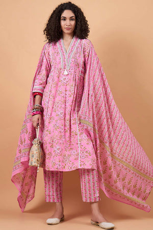 Women's Pink Cotton Printed Kurti Pant Set