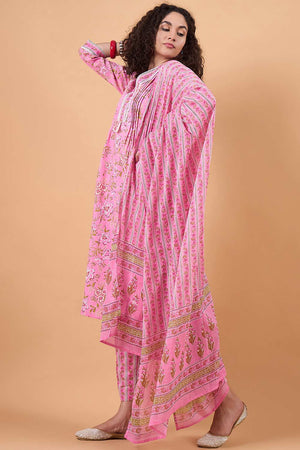 Women's Pink Cotton Printed Kurti Pant Set
