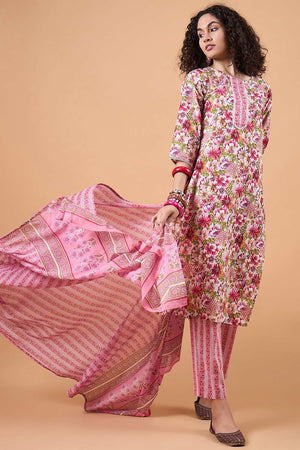 Women's Pink Cotton Printed Kurti Pant Set