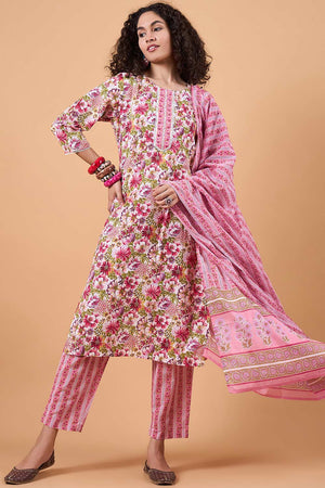 Women's Pink Cotton Printed Kurti Pant Set