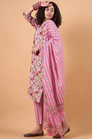 Women's Pink Cotton Printed Kurti Pant Set