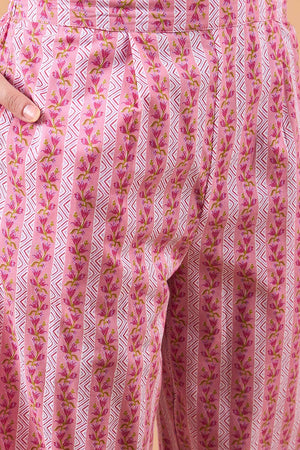 Women's Pink Cotton Printed Kurti Pant Set