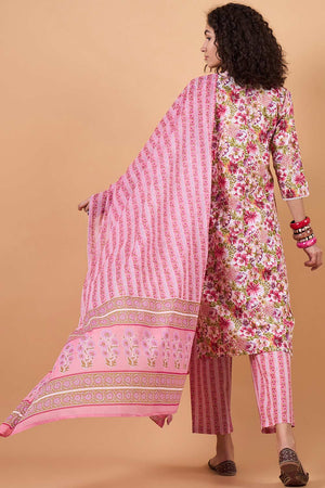 Women's Pink Cotton Printed Kurti Pant Set