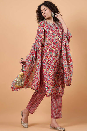 Women's Red Cotton Printed Kurti Pant Set