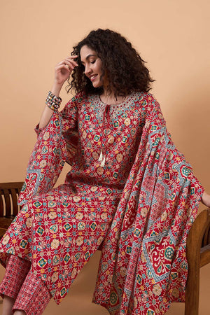 Women's Red Cotton Printed Kurti Pant Set
