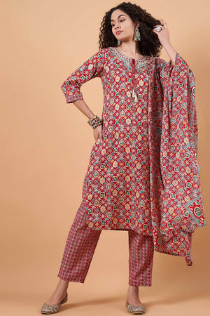 Women's Red Cotton Printed Kurti Pant Set
