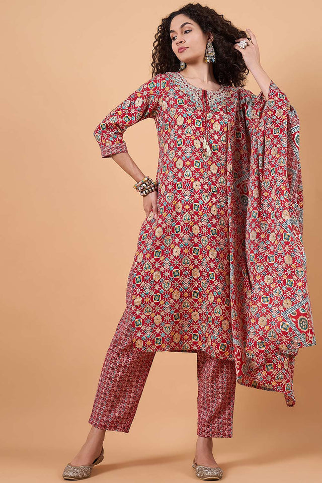 Women's Red Cotton Printed Kurti Pant Set