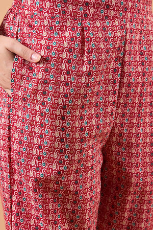 Women's Red Cotton Printed Kurti Pant Set