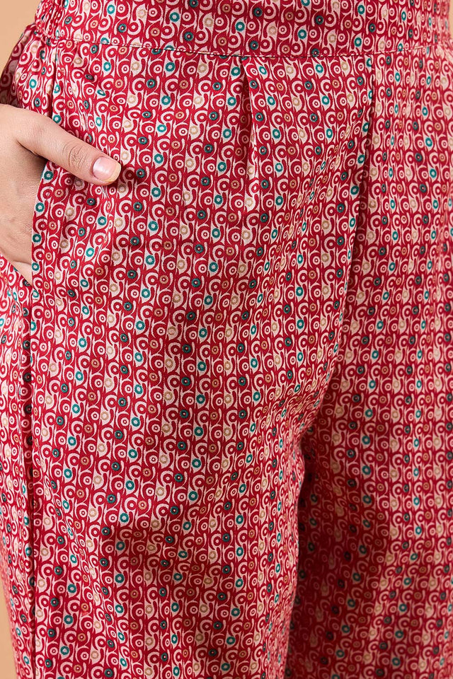 Women's Red Cotton Printed Kurti Pant Set
