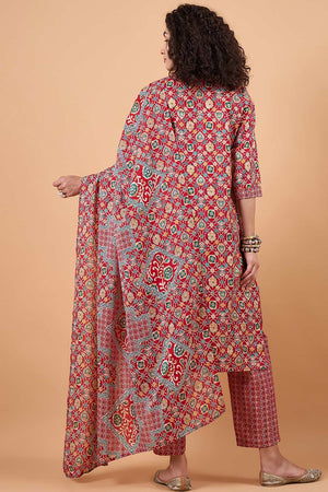 Women's Red Cotton Printed Kurti Pant Set