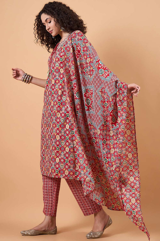 Women's Red Cotton Printed Kurti Pant Set