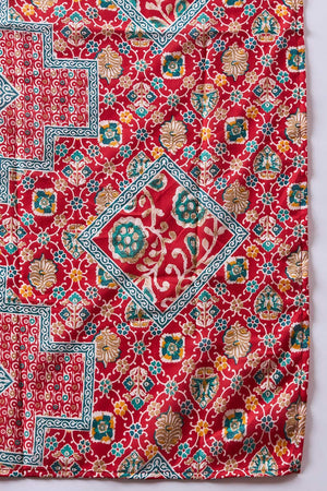 Women's Red Cotton Printed Kurti Pant Set