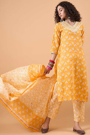 Women's Yellow Cotton Printed Kurti Pant Set
