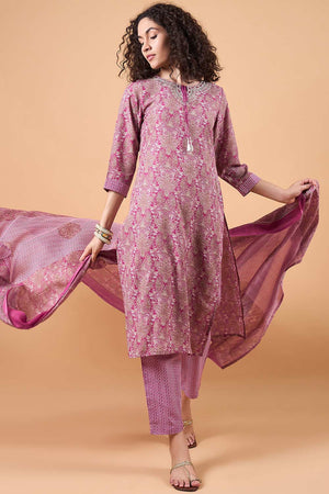 Women's Pink Cotton Blend Printed Kurti Pant Set