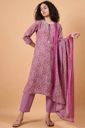 Women's Pink Cotton Blend Printed Kurti Pant Set