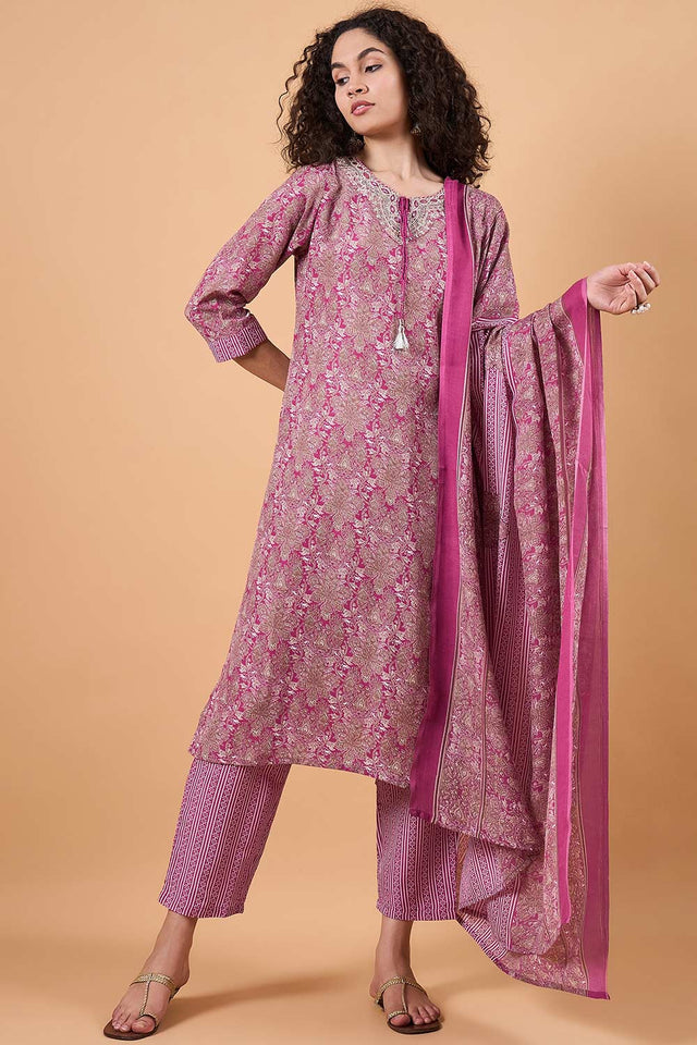Women's Pink Cotton Blend Printed Kurti Pant Set