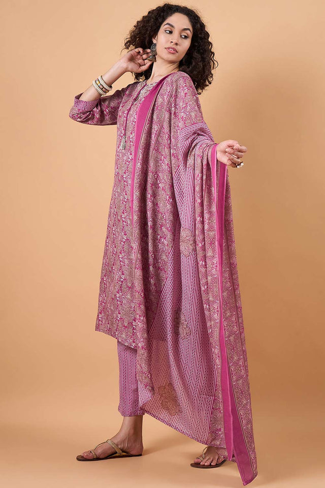 Women's Pink Cotton Blend Printed Kurti Pant Set