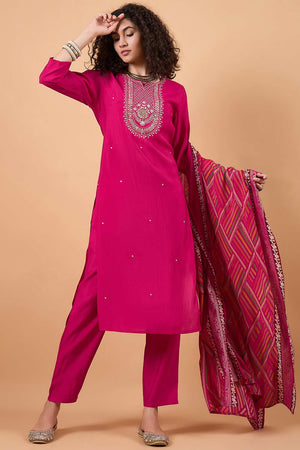 Women's Pink Silk Blend Printed Kurti Pant Set