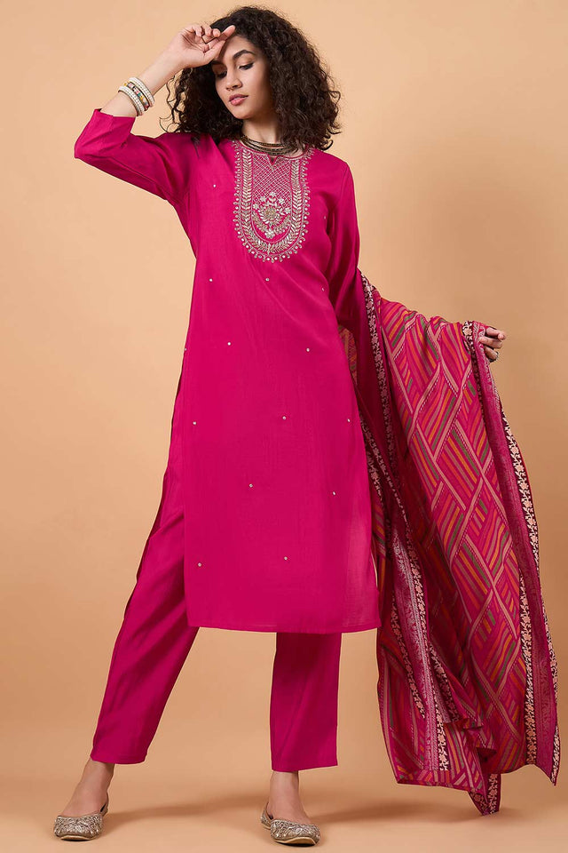 Women's Pink Silk Blend Printed Kurti Pant Set