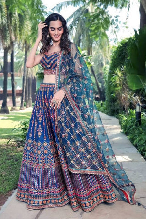 Blue Floral Embroidered Silk Lehenga