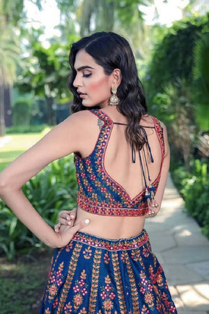 Blue Floral Embroidered Silk Lehenga