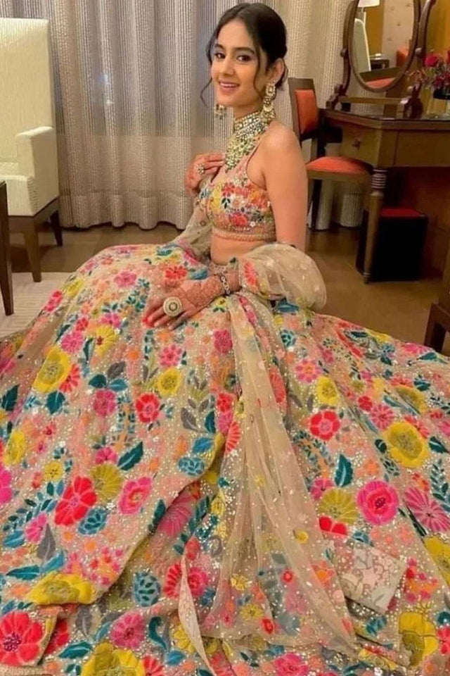 Brown Floral Embroidered Georgette Lehenga