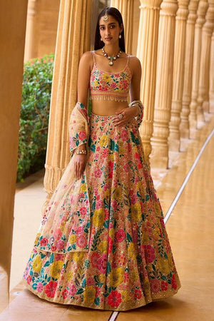 Brown Floral Embroidered Georgette Lehenga