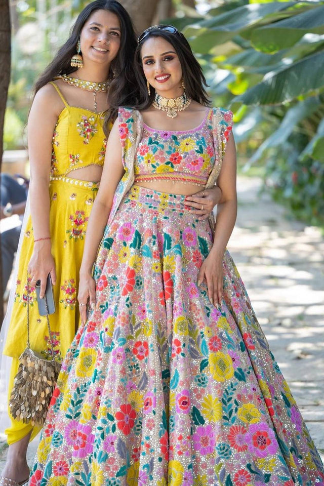 Brown Floral Embroidered Georgette Lehenga