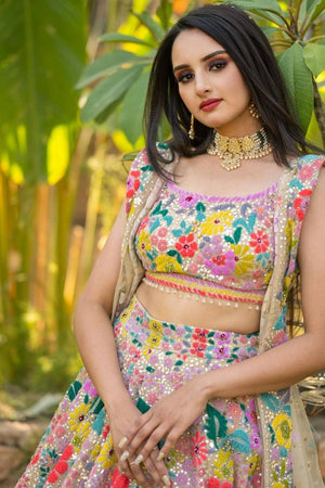 Brown Floral Embroidered Georgette Lehenga