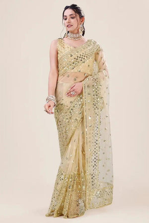Cream Net Embroidery Sequin Sequins Work Party Wear Designer Saree
