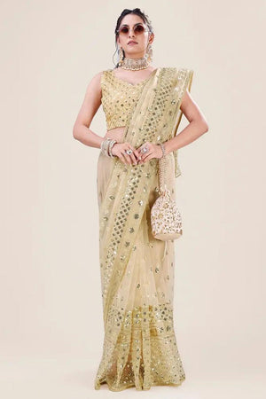 Cream Net Embroidery Sequin Sequins Work Party Wear Designer Saree